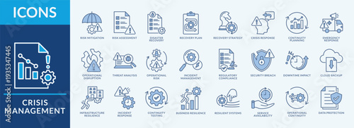 Crisis Management icon set vector illustration. Containing icon of risk mitigation, continuity planning, data protection and more. Outline Blue icon symbol collection