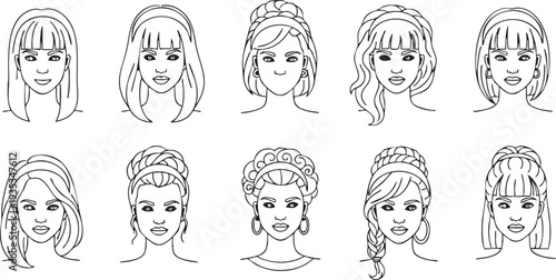 Ten line female faces with different hairstyles line women black and white cartoon