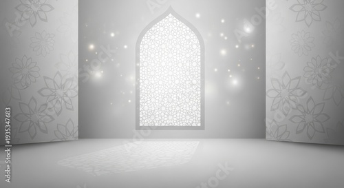 A serene, ornate room features a large arched window with intricate geometric patterns. The window is framed by two tall, decorative pillars, creating a sense of depth and grandeur.