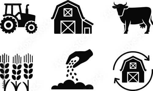 Agriculture farming icons set with tractor barn cow wheat and seeds isolated on white background farm vector illustration