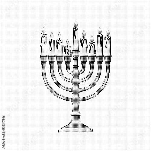 Traditional Jewish Menorah with nine burning candles for Hanukkah celebration and religious holiday symbol illustration.