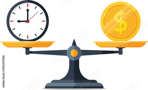 Time vs. Money: An illustrative depiction of a balanced scale, with a clock on one side and a gold coin on the other, representing the fundamental trade-off between time and financial assets.