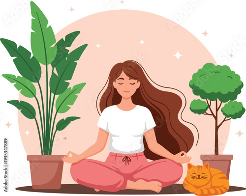  Serene Meditation and Mindfulness: A tranquil woman finds peace in meditation, surrounded by lush potted plants and a cuddly cat, embodying the essence of mindfulness.