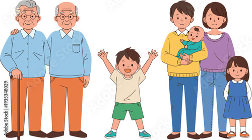 Big happy family characters including grandparents, parents, children and a baby, flat cartoon vector illustration