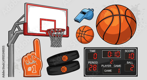 Basketball game elements including hoop, ball, scoreboard, and accessories displayed together in a sports-themed illustration