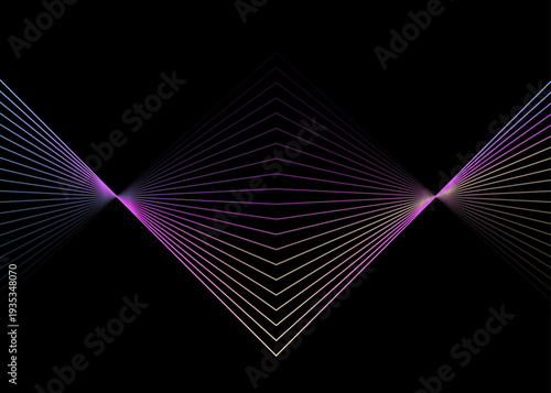 Abstract Neon Geometric Diamond Wave Lines with Gradient Glow on Black Background Futuristic Symmetrical Light Beam Technology Vector Illustration