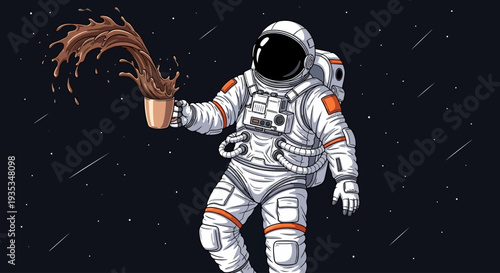 Astronaut in space suit holding a cup of splashing coffee while floating in zero gravity environment from a frontal viewpoint
