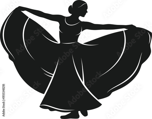 Elegant Silhouette of a Female Dancer Holding a Flowing Wide Skirt for Performing Arts Ballet Folk Dance and Classical Theater Performance Concept Vector Illustration