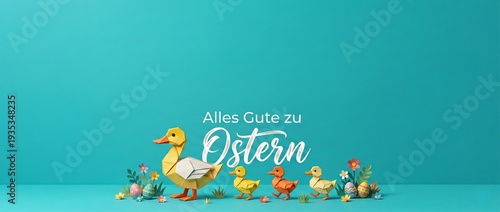 Origami ducks and Easter eggs with Alles Gute zu Ostern text, a festive greeting for spring holidays and celebrations Concept of tradition, family, and new beginnings