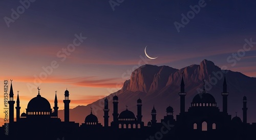 A silhouette of a majestic city skyline dominates the image, featuring several ornate mosques with towering minarets against a vibrant twilight sky.