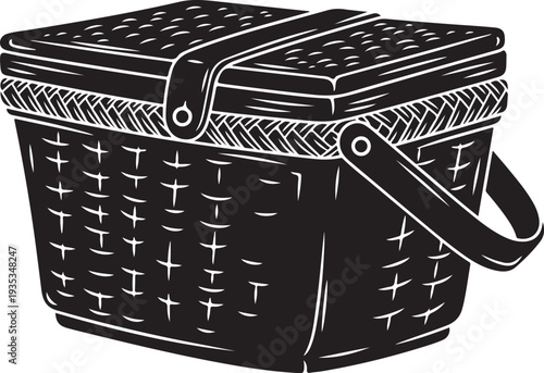 Black and white illustration of a wicker picnic basket