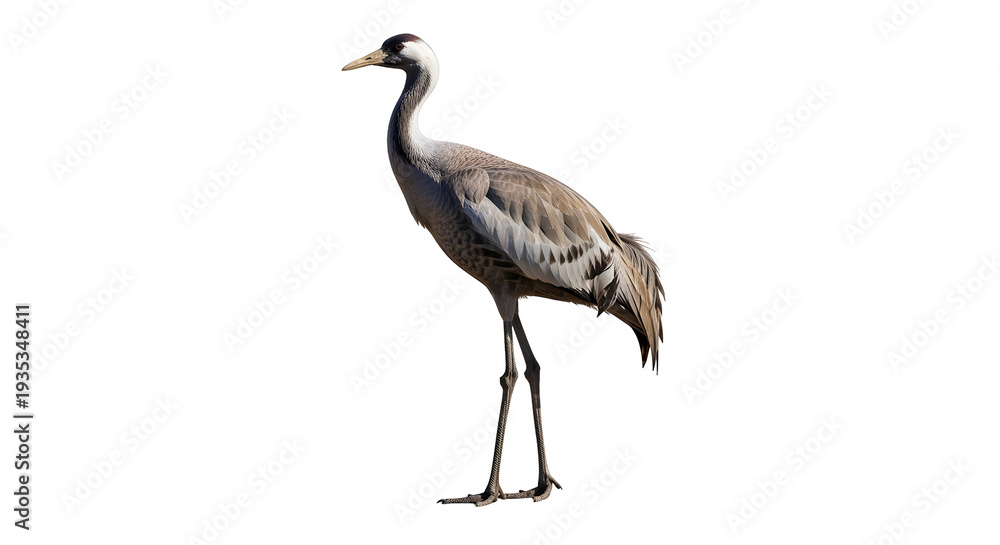 Fototapeta premium A graceful Sandhill Crane stands tall against a stark black background on long legs.