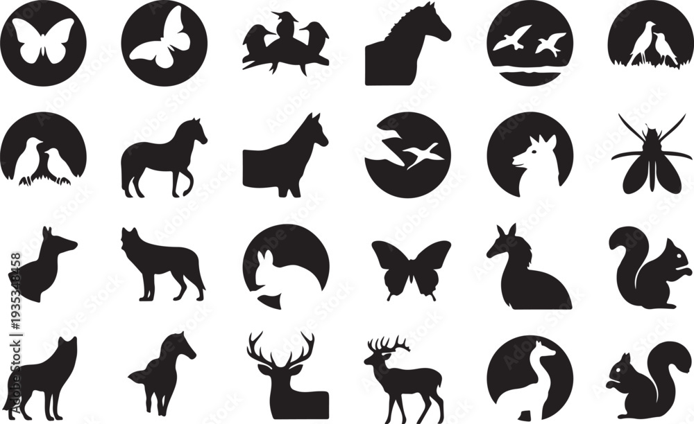 Fototapeta premium Set of 25 black animal silhouette icons vector