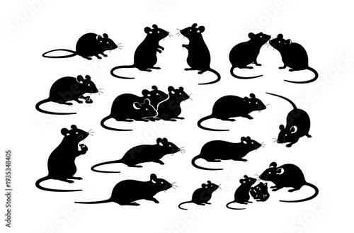 Black mouse silhouettes displaying various poses, illustrating rodents as pests, wildlife, or laboratory animals for design elements