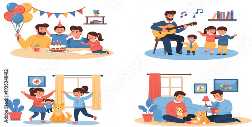 Set of Happy Fatherhood Concept Illustrations Featuring Dads Bonding with Children During Birthday Party Playing Guitar and Caring for Pets for Family Lifestyle Designs