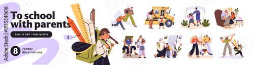 Parents bring kids to school set. Family is preparing for first grade. Mother, father and student hurry up to lesson. Person checks child's homework. Flat isolated vector illustrations on white