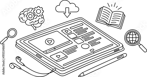 Outline illustration of an e-learning and online education concept with a digital tablet, brain, and study icons