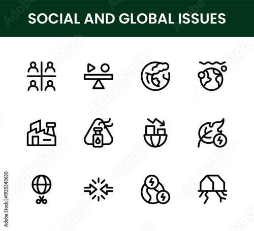 Social and Global Issues icon set. Social and Global Issues minimal line icon collection illustrating global warming refugee support community aid and social responsibility topics.