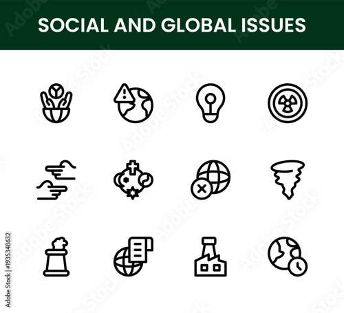 Social and Global Issues icon set. Social and Global Issues professional vector icons for humanitarian aid environmental protection policy reform and public awareness campaigns.