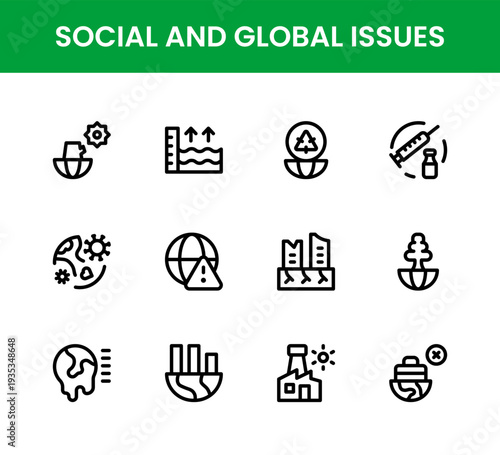 Social and Global Issues icon set. Social and Global Issues modern awareness icons for global partnership disaster relief poverty reduction and social change.