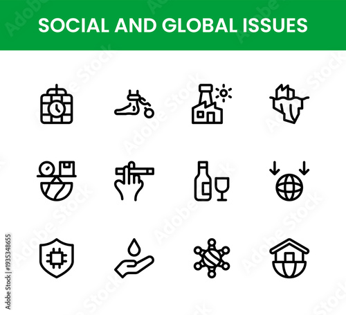 Social and Global Issues icon set. Social and Global Issues simple line icons designed for nonprofit campaigns environmental advocacy and civic engagement.