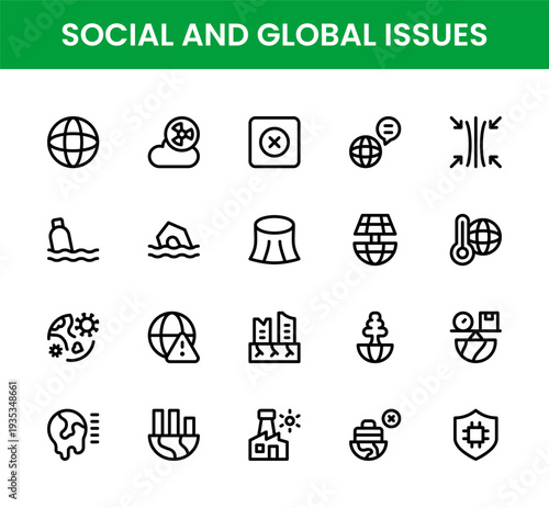Social and Global Issues icon set. Social and Global Issues professional line icons for global awareness sustainability education and equality initiatives.