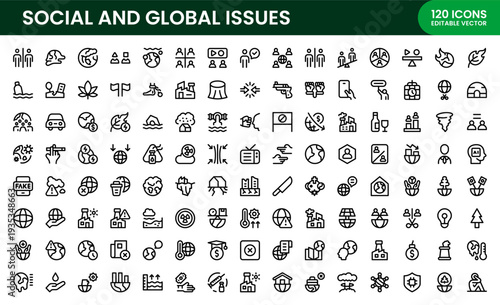 Social and Global Issues icon set. Social and Global Issues clean minimal icons representing worldwide challenges social responsibility and sustainable development concepts.