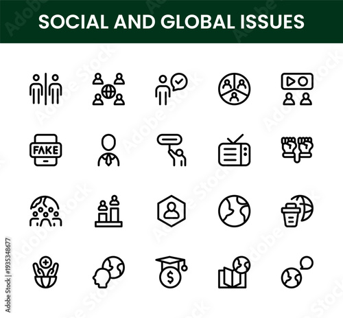Social and Global Issues icon set. Social and Global Issues minimal outline icons illustrating world map protest sign helping hands and climate symbols.