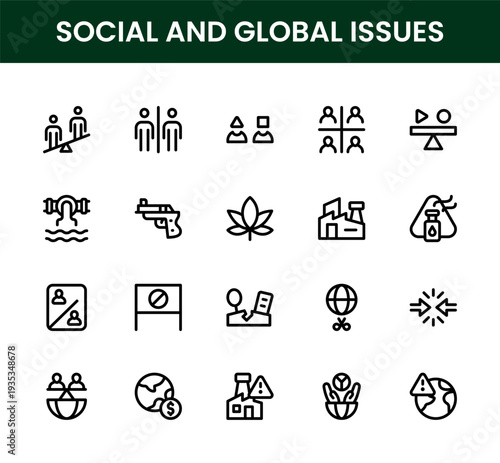 Social and Global Issues icon set. Social and Global Issues modern social responsibility icons for diversity inclusion community welfare and global solidarity.