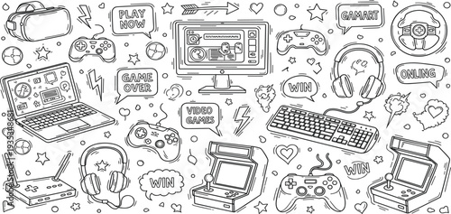 Video Game Doodle Background with Consoles Controllers Laptop Headphones and Arcade Elements for Gamer Poster Streaming Banner and Gaming Design