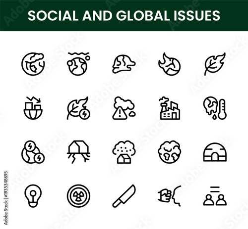 Social and Global Issues icon set. Social and Global Issues clean vector symbols representing international aid social reform environmental crisis and human rights advocacy.