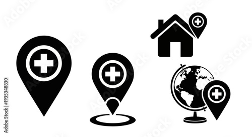 Various location icons symbolizing medical and global health services on a plain background viewed from directly above