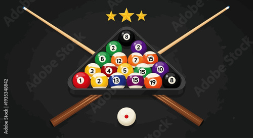 Billiards balls arranged in a triangle on a table with crossed cues and a white cue ball in front