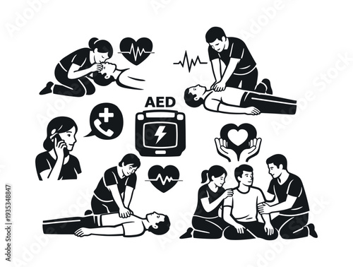 Set of illustrations showing people performing CPR, using an AED, making an emergency call, and providing comfort