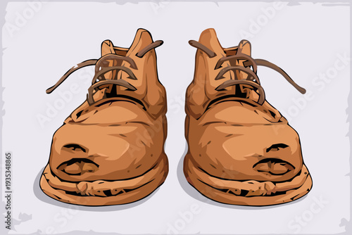 Illustration of a pair of brown shoes with laces on a plain surface from a front view
