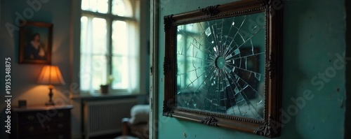 A shattered mirror reflects a distressed atmosphere, symbolizing the fractured reality of domestic abuse and the hidden pain within a home , violence against women, crisis