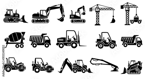 Construction Equipment Silhouette Icon Set – Flat Black Vector Heavy Machinery Collection