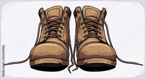 Illustration of a pair of brown boots with laces from a front view on a neutral background