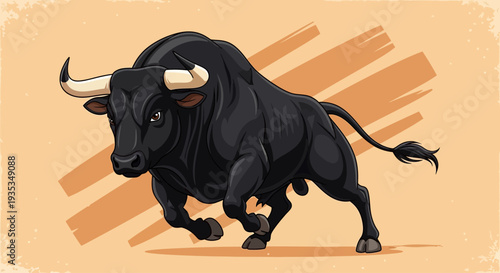 A fierce black bull charges forward with powerful strides and sharp horns in a dynamic illustration