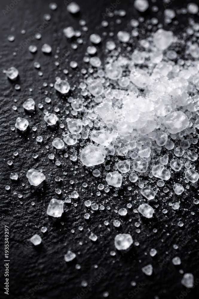 Fototapeta premium Coarse sea salt crystals in varied shapes and sizes, sharply detailed on a dark slate background to highlight texture, contrast, and natural, gourmet seasoning appeal