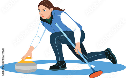 Curling athlete vector illustration, winter sports scene featuring professional player delivering curling stone on ice rink for fitness and social media design.
