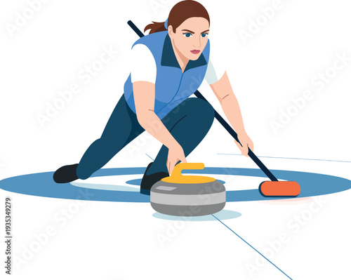Curling athlete vector illustration, professional winter sport player sliding a stone on ice rink for social media fitness post with transparent background.