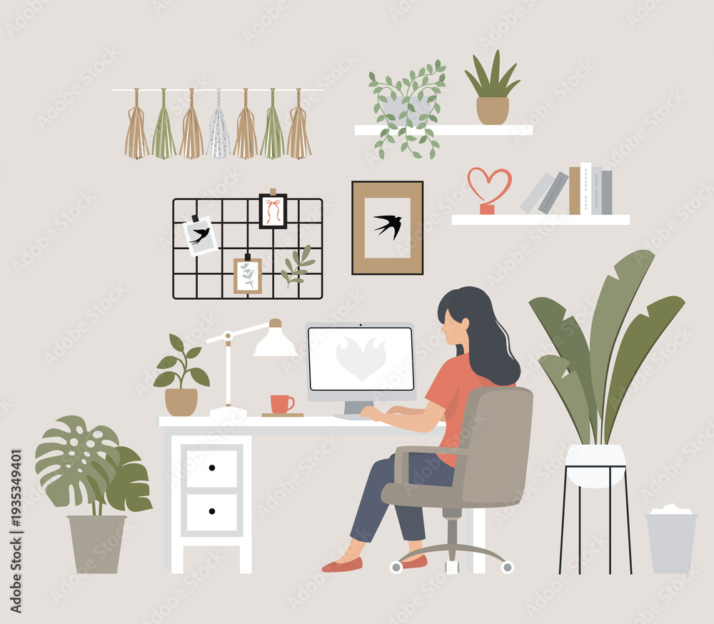 Fototapeta premium Female entrepreneur working from home in cozy home office. Modern flat vector illustration with plants, desk, computer and minimalist decor. Remote work, freelance lifestyle concept