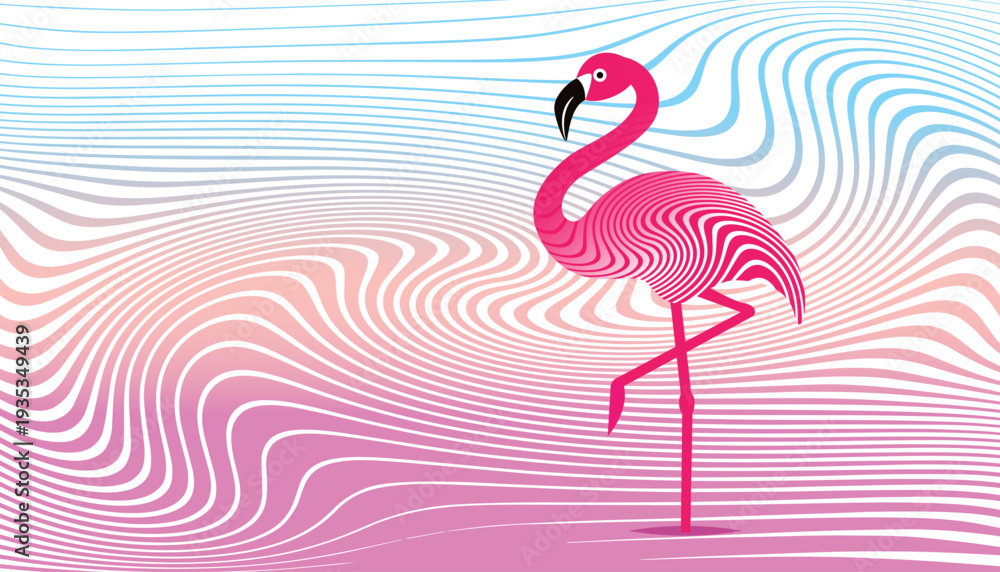 Fototapeta premium Wonderful flamingo with wavy pattern on sunset background