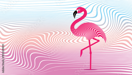 Wonderful flamingo with wavy pattern on sunset background