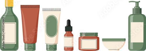Organic skincare product set with green and amber bottles, tubes and cream jars, flat vector illustration