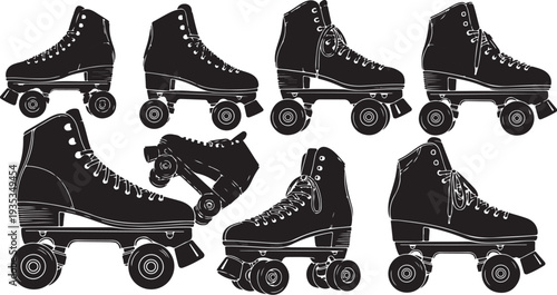 Collection of black roller skates on white background illustration