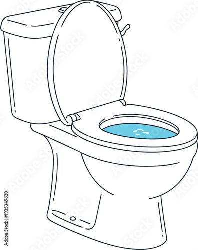 Open toilet bowl illustration with visible water isolated on white background for bathroom, sanitation, plumbing, hygiene, and household design concepts