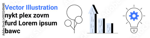 Innovation, sustainability, business growth, analytics, technology, energy efficiency. Minimalist tree, bar chart gear icon in light bulb. Innovation and sustainability concept