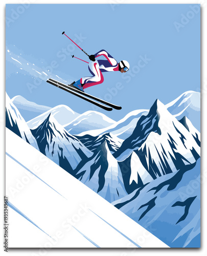 Alpine skiing illustration, dynamic winter sports vector featuring a skier racing down snowy slopes with dramatic Dolomites mountain backdrop, inspired by Milano Cortina winter games spirit, adventure